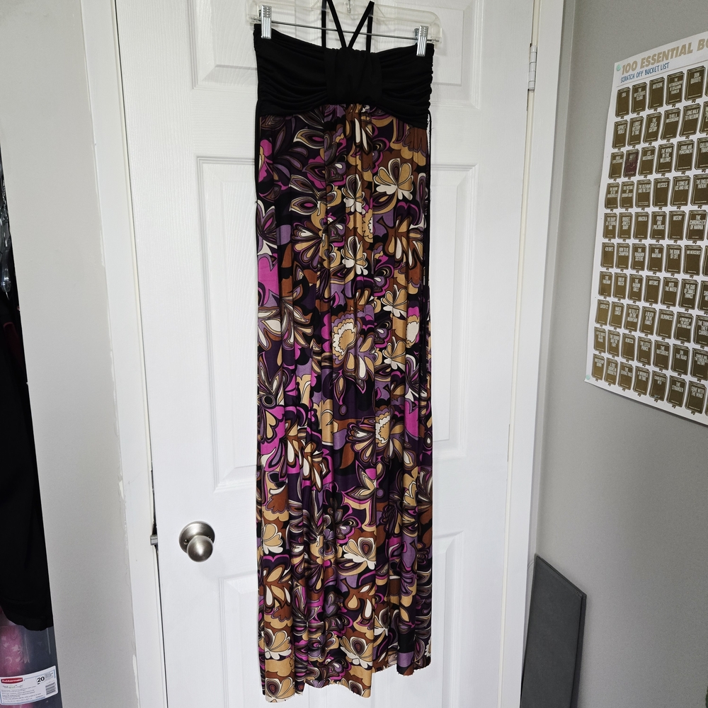 Elegant Floral Maxi Dress - Black, Purple, Brown